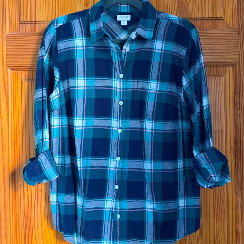 J Crew navy blue & green plaid flannel shirt, sz M